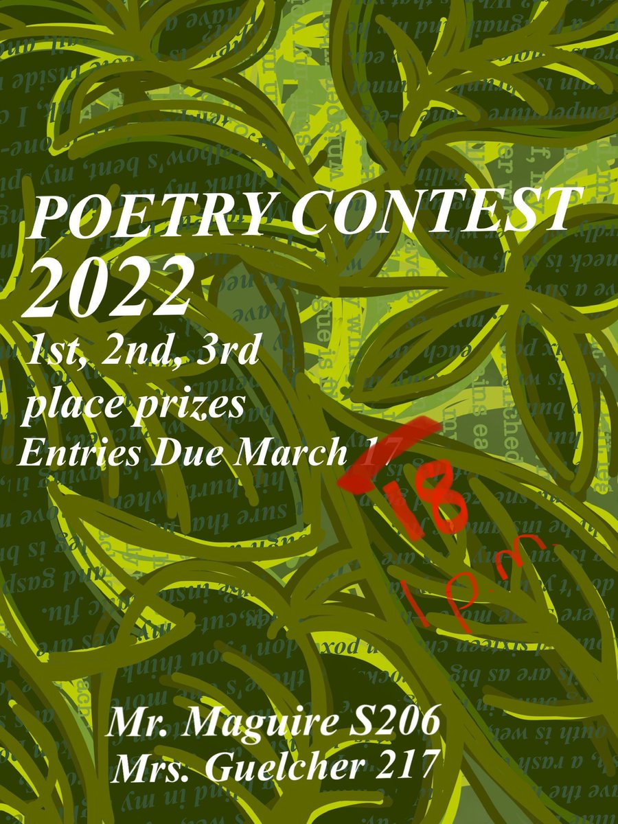 We’ve extended the poetry contest deadline. Tomorrow end of the school day. <a href="/CSHSExpressions/">ↁᕮ𐌾ᖇᕮᕮᔕ 0ℱ ↁᓮᔕ0ᖇↁᕮᖇ</a> <a href="/KathrynGuelcher/">Kathryn Guelcher</a>