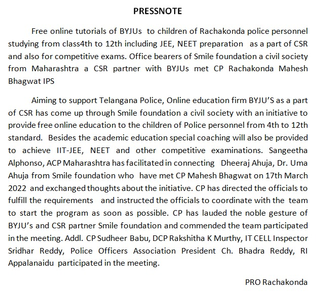 MalkajgiriCop's tweet photo. #FreeOnlineTutorials of @BYJUS to children of #RachakondaPolice personnel studying from 4th to 12th including JEE,NEET preparation as a part of CSR & competitive exams. Office bearers of #Smilefoundation a civil society from Maharashtra a CSR partner with BYJUs met #CP_Rachakonda https://t.co/RpqK4lGsGK