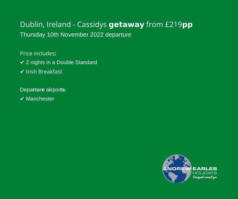 🍀✈️ ST PATRICKS DAY DEAL 1 🍀✈️  from only £219pp!!! 💚 ... keep your eye out for more deals added throughout the day! 
Contact your local branch today!! #stpatricksday #StPaddysDay #dublin #ireland #paddysdaydeals