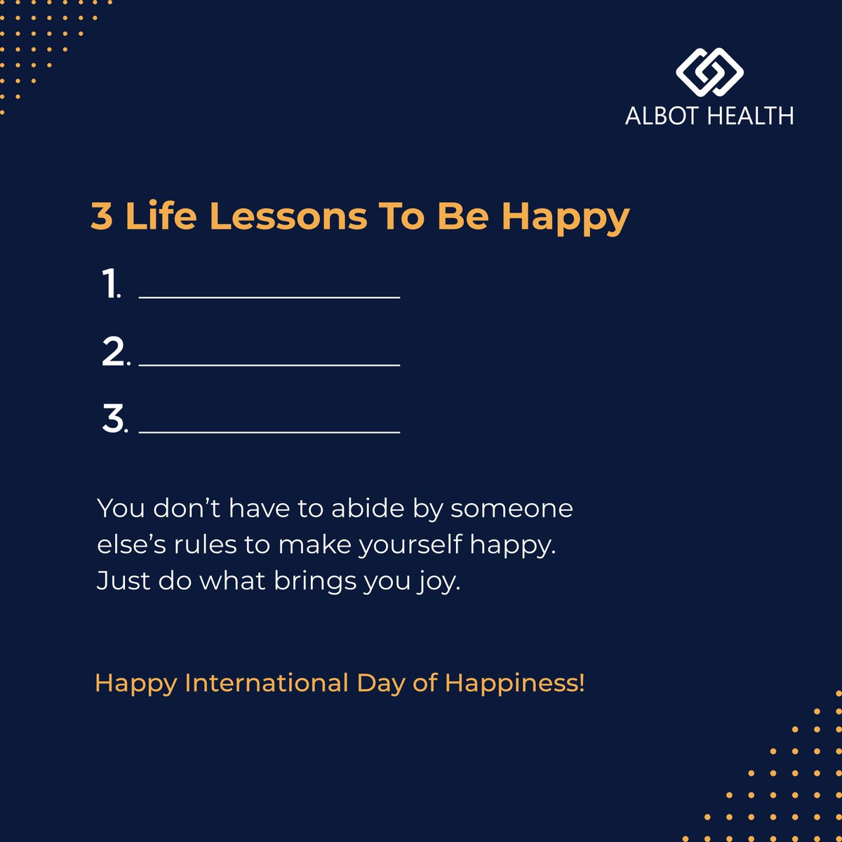 AlbotHealth's tweet photo. Happiness is subjective. It means different things to different people. Be courageous enough to follow a path that speaks to your heart!
#internationalhappinessday #AlbotHealth #happinessday #InternationalDayOfHappiness #stayhappy #happinessisachoice https://t.co/aEEcWeaZjN