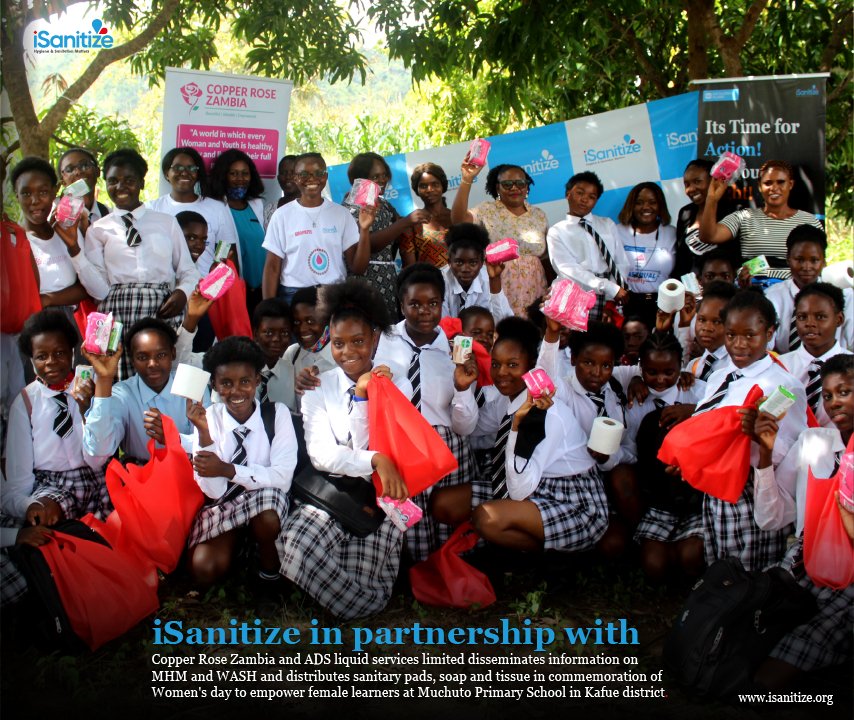 iSanitize in partnership with Copper Rose Zambia and ADS Liquid Services Limited disseminates information on MHM and WASH and distributes sanitary pads at Muchuto School in Kafue.
.
#MHM #SRHR #WASH
.
#PeriodPower #MenstrualHygiene #Women
#PeriodTalk #EndPeriodPoverty #GirlPower