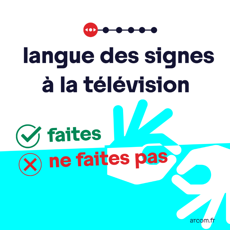 Arcom_fr's tweet photo. Journée 🌐 des #LanguesdesSignes : de + en + de programmes d’information sont proposés en #LSF ! Mais parfois, l’interprète apparait en tout petit, se fond dans le décor ou disparait derrière le logo de la chaîne. Retrouvez notre guide des bonnes pratiques 🔽