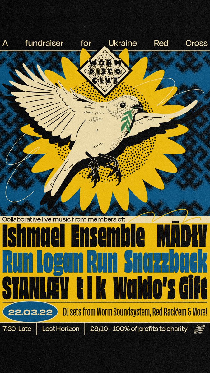 BRISTOL CREW. I'm playing a couple of B2B sets w my <a href="/WormDiscoClub/">WormDiscoClub</a> homies next Tuesday March 22 as part of this amazing fundraiser for Ukraine Red Cross. There will be live music from Snazzback, <a href="/RunLoganRunUK/">Run Logan Run</a> <a href="/IshmaelEnsemble/">Ishmael Ensemble</a> <a href="/waldosgift/">Waldo's Gift</a> tix in my bio venue is <a href="/LostHorizonHQ/">Lost Horizon</a>