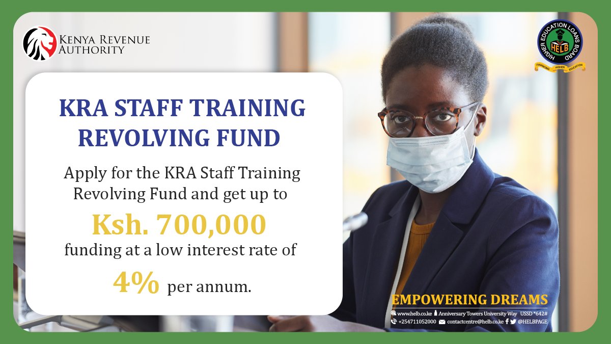 HELBpage's tweet photo. Kenya Revenue Authority (KRA) staff can finance their certificate or diploma courses at KESRA; undergraduate or post-graduate studies at a recognized university, by applying for the KRA Training Revolving Fund on https://t.co/gghk3iqhM5 https://t.co/AekEFqvN4r
