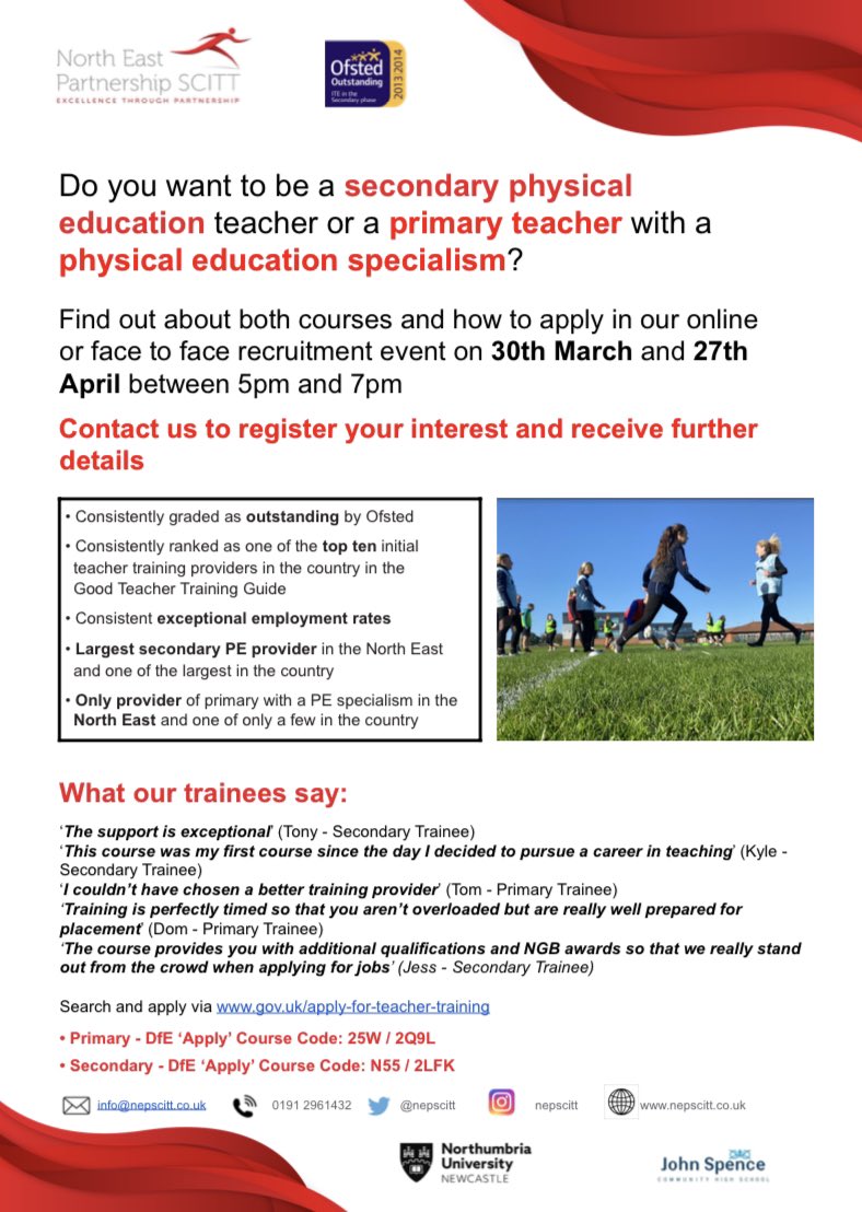NEP SCITT (@nepscitt) on Twitter photo Considering a career in PE teaching or primary teaching with a PE specialism? We are hosting online & face to face information sessions between 5 & 7pm on 30th March & 27th April. Get in touch to find out more info or register your interest! info@nepscitt.co.uk Pls retweet Considering a career in PE teaching or primary teaching with a PE specialism? We are hosting online & face to face information sessions between 5 & 7pm on 30th March & 27th April. Get in touch to find out more info or register your interest! info@nepscitt.co.uk Pls retweet
