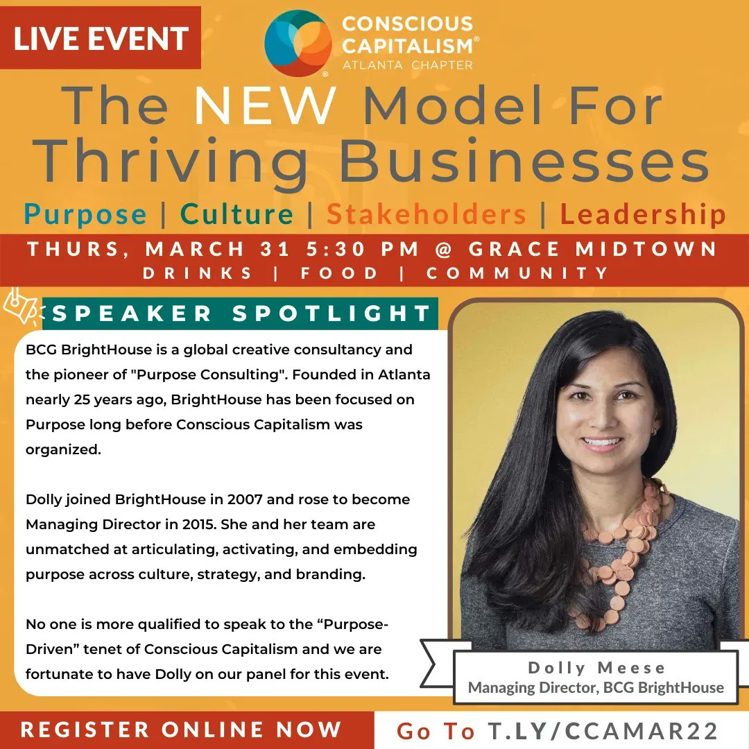 Only 2 weeks away... have you registered to attend and hear our amazing speakers yet? Go to buff.ly/3HCGW3L 

#InPersonEvent #ConsciousCapitalism #Atlanta #Purpose #Leadership #Business #Networking