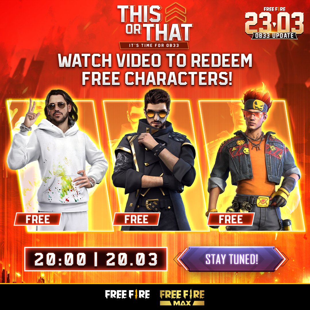 FreefirePkyt's tweet photo. ๐ฅ A chance to get yourself FREE Alok, Dimitry and Alvaro ๐ฅ
All will be revealed in the most special video of OB33 Update - ๐ This or That ๐
๐๏ธ Time: 20:00 - 20/03
๐ข Save the date and stay tuned!
#FreeFire #FreeFirepPakistan #OB33Update #ThisorThat https://t.co/KbsqaBgYZB