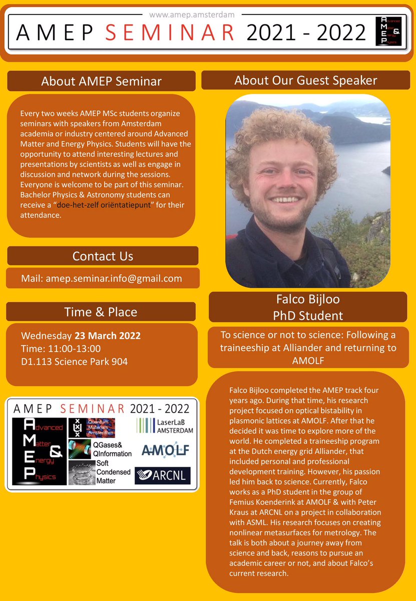 AmepMsc's tweet photo. TO SCIENCE OR NOT TO SCIENCE? Next week’s speaker, AMEP alumnus Falco Bijloo, decided to go into industry after his masters. Recently however, he returned to academia. Come listen to his journey on March 23rd (11-13h): sign up via https://t.co/EDZIzx5ITz https://t.co/j3R17XdmNg