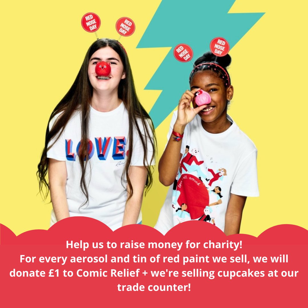 This year on Red Nose Day we are donating £1 to Comic Relief for every aerosol and tin of red paint we sell! 

We're also selling cupcakes at our trade counter!  
So why not pop in and help us to donate to a great cause! 

#comicrelief #comicrelief2022 #RedNoseDay #mim #redpaint