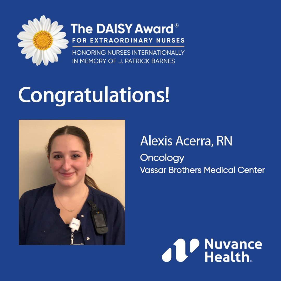 Vassar_Brothers's tweet photo. Congratulations to Alexis Acerra, a registered #oncology nurse who was nominated by a patient for a DAISY Award! Read why she was nominated and how you can thank a #VBMC nurse for outstanding patient care: https://t.co/kWlqFJcqfX https://t.co/UZ1e1wdcTL