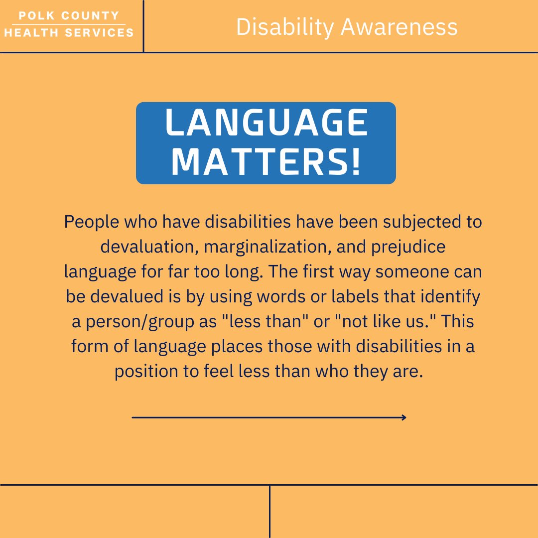 Our language shapes our attitudes. Our attitudes shape our language! Using first people language can help eliminate negative speaking about disability. First people language means putting the person first before the disability. #disabilityawareness