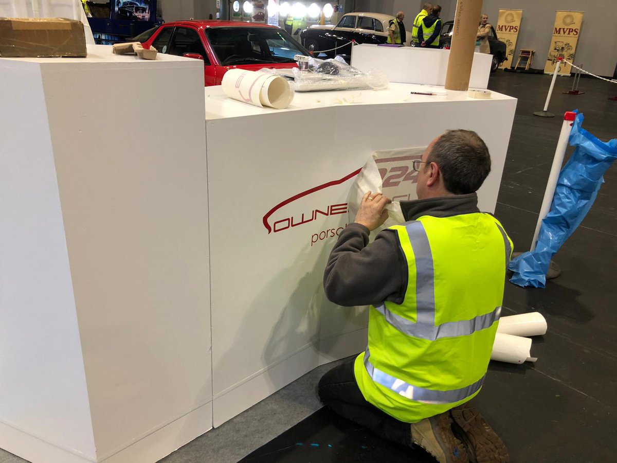 924OC's tweet photo. @NECRestoShow were busy building the stand up ready for the show tomorrow.  Come and visit our stand (Hall 5 stand 610).  There are two fully restored cars on display and two being restored live. #porsche #924 #restoration https://t.co/masItCiG9v