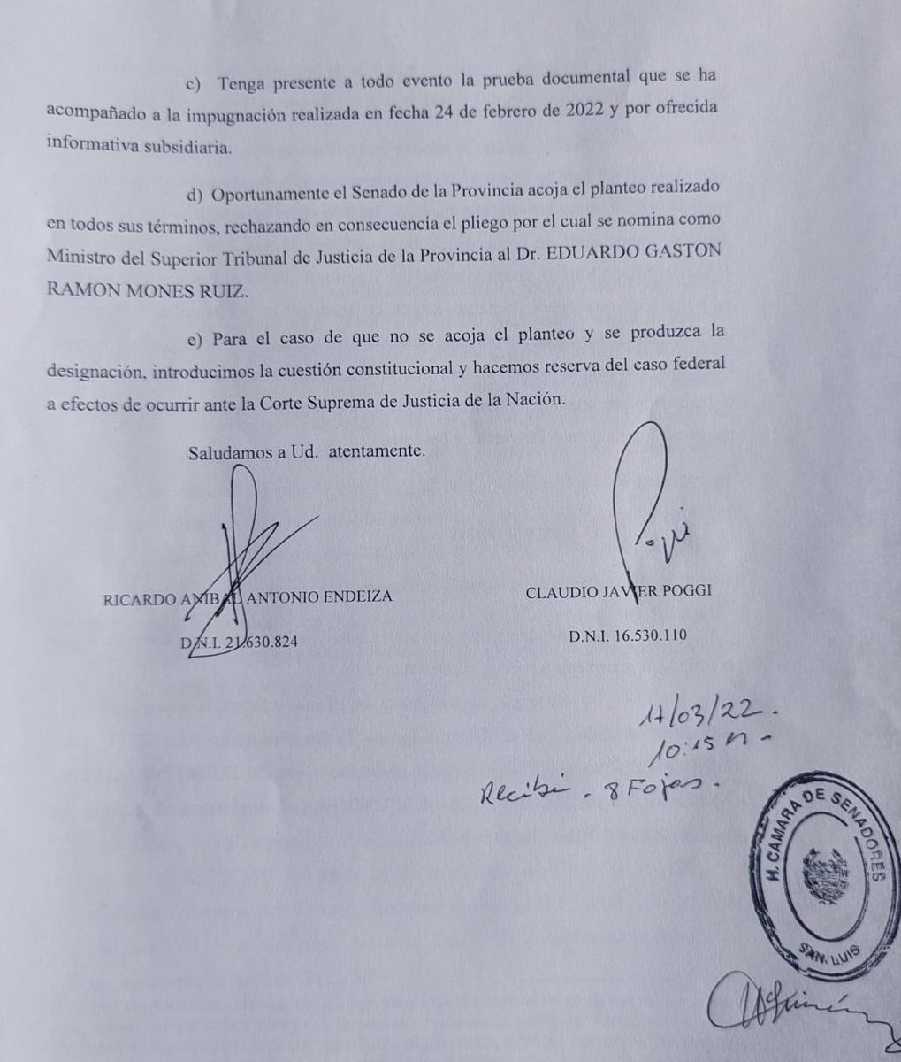 Hoy junto a <a href="/claudiojpoggi/">Claudio Javier Poggi</a> impugnamos en el Senado la postulación del Vicegobernador Mones Ruiz como Ministro del Superior Tribunal de Justicia. El solo    encabezado de la nota evidencia la grosera y burda violación de la división de poderes que pretenden perpetrar en San Luis.