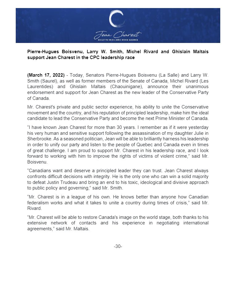 Super nouvelle ce matin! Quatre nouveaux appuis importants s'ajoutent pour <a href="/JeanCharest_/">Jean Charest</a> 💪Great news this morning! 4 important endorsements for Jean Charest #BâtiPourGagner #BuiltToWin #polcan #cndpoli Regnoigez-nous ici : JeanCharest.ca <a href="/SenatBoisvenu/">Sénateur (retraité) Pierre-Hugues Boisvenu</a> <a href="/SenLWSmith/">Sen. Larry W. Smith</a>