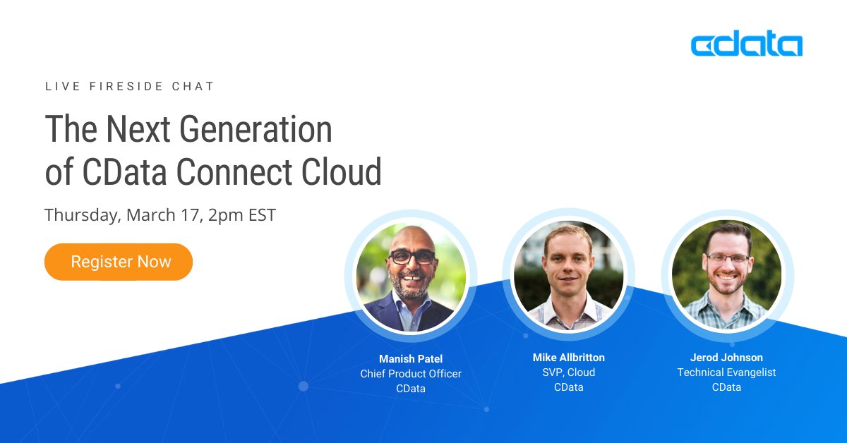 cdatasoftware's tweet photo. TODAY! Join us at 2pm ET for a fireside chat to learn about the all-new CData Connect Cloud. Our latest #SaaS offering allows you to connect data across all your cloud applications – no code necessary. Register now & join the #realtimerevolution 📢 https://t.co/RDJoSBmJvo https://t.co/2QuR5hYXSn