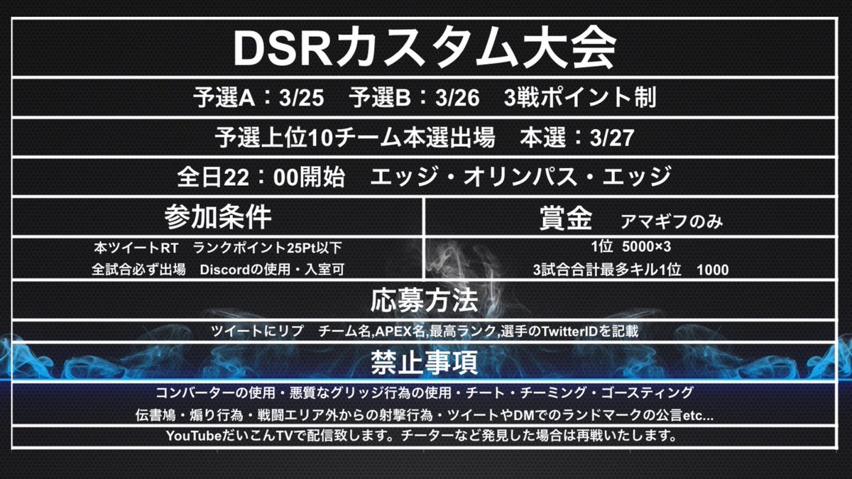 DaikonTV's tweet photo. 第2回DsRカスタム

予選A→3/25
予選B→3/26
本戦→3/27
全試合22時～3戦ポイント制

〇賞金
1位5000×3
最多キル1000×1

〇参加条件
本ツイートRT
discord使用
ランクポイント25

〇応募方法
追記に詳細あり

※応募チーム15以下中止
※35以下本戦のみ
3/24 12:00締切

 #APEXカスタムマッチ #APEX大会 https://t.co/q4hAYRirbQ
