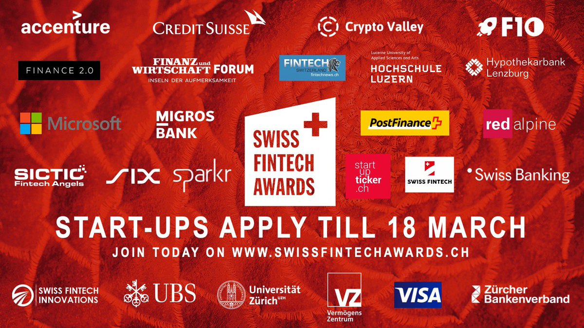 LAST CHANCE for #fintech #startups to apply for the #SwissFinTechAwards: swissfintechawards.ch.

APPLY TODAY and soon you might be named one of Switzerland’s most promissing Startups. Bring your company to the next level. Deadline is 18 March.