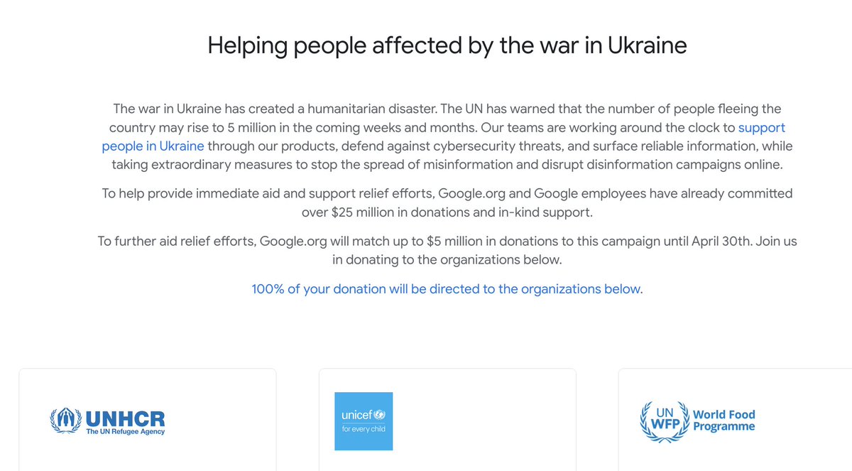 To further #Ukraine aid relief efforts, <a href="/Google/">Google</a> will match up to $5 million in donations to this campaign until April 30th. Join us in #donating to the organizations below. bit.ly/3Iqw2yA #UNHCR #UNICEF #WorldFoodProgramme