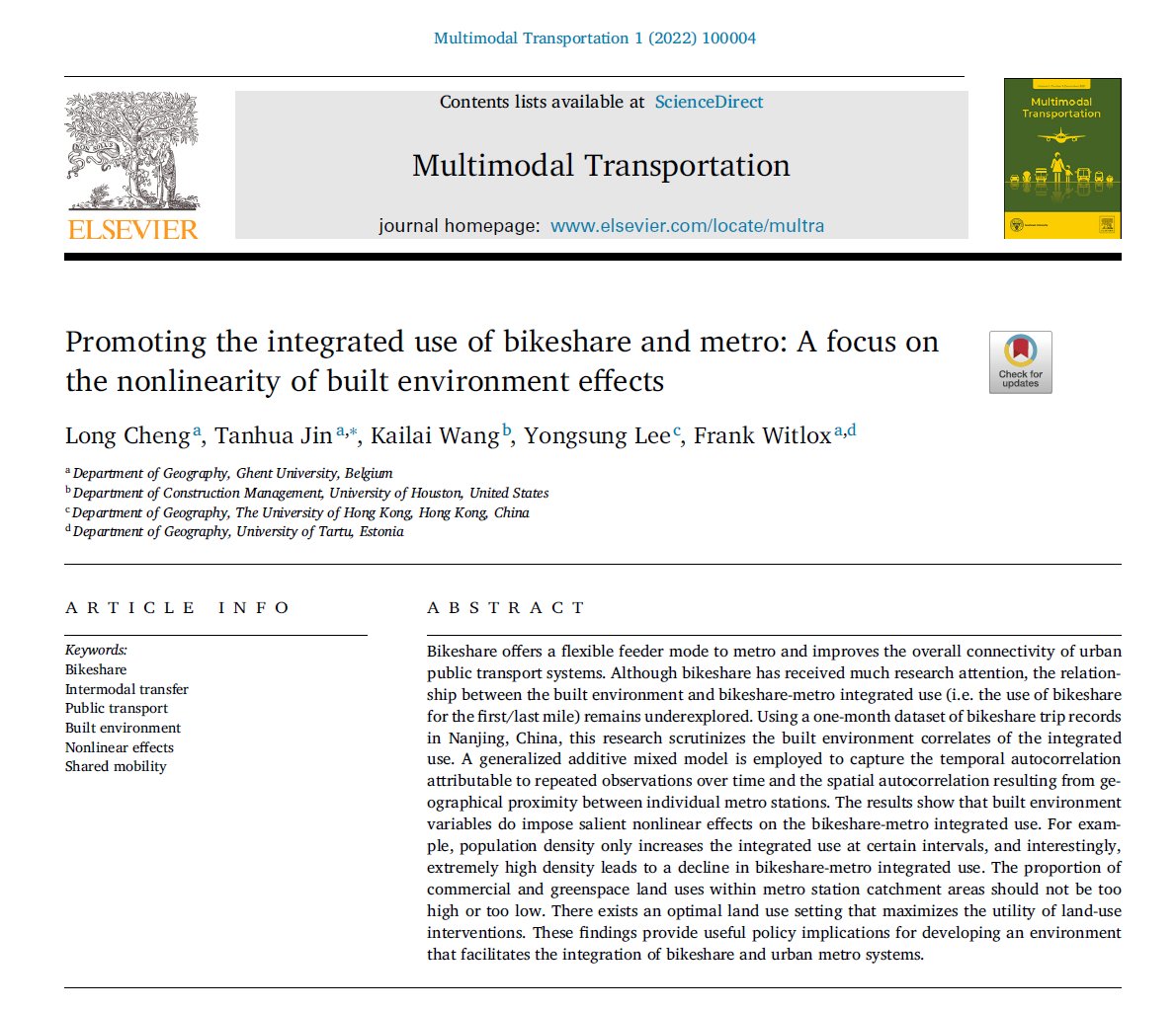Long Cheng (@long_cheng1) on Twitter photo Our new paper (with <a href="/wang_kailai/">Kailai Wang</a> <a href="/ysLeePhD/">Yongsung Lee</a> ) is live in the inaugural issue of Multimodal Transportation. We examine intermodal transfer behaviours between bikeshare and the metro. <a href="/Transport_ELS/">Elsevier Transport</a>
Open access via:
authors.elsevier.com/sd/article/S27… Our new paper (with <a href="/wang_kailai/">Kailai Wang</a> <a href="/ysLeePhD/">Yongsung Lee</a> ) is live in the inaugural issue of Multimodal Transportation. We examine intermodal transfer behaviours between bikeshare and the metro. <a href="/Transport_ELS/">Elsevier Transport</a>
Open access via:
authors.elsevier.com/sd/article/S27…