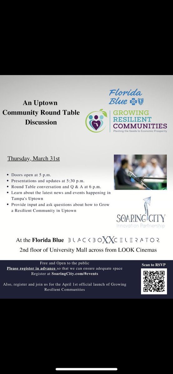 Join us on 3/31 for this Uptown Round Table event moderated by Dr. Michael Cross and including <a href="/FLBlue/">Florida Blue</a> <a href="/HillsboroughFL/">Hillsborough County</a> <a href="/USouthFlorida/">University of South Florida</a> @UnivAreaCDC <a href="/MyFDOT_Tampa/">FDOT West Central - Tampa Area</a> <a href="/TBPartnership/">Tampa Bay Partnership</a> <a href="/crossover813/">Crossover Church</a> <a href="/HillsCoPlanCom/">Planning Commission</a> <a href="/HillsboroughMPO/">Hillsborough Transportation Planning Organization</a> and <a href="/ConsultVistra/">Vistra Communications</a>