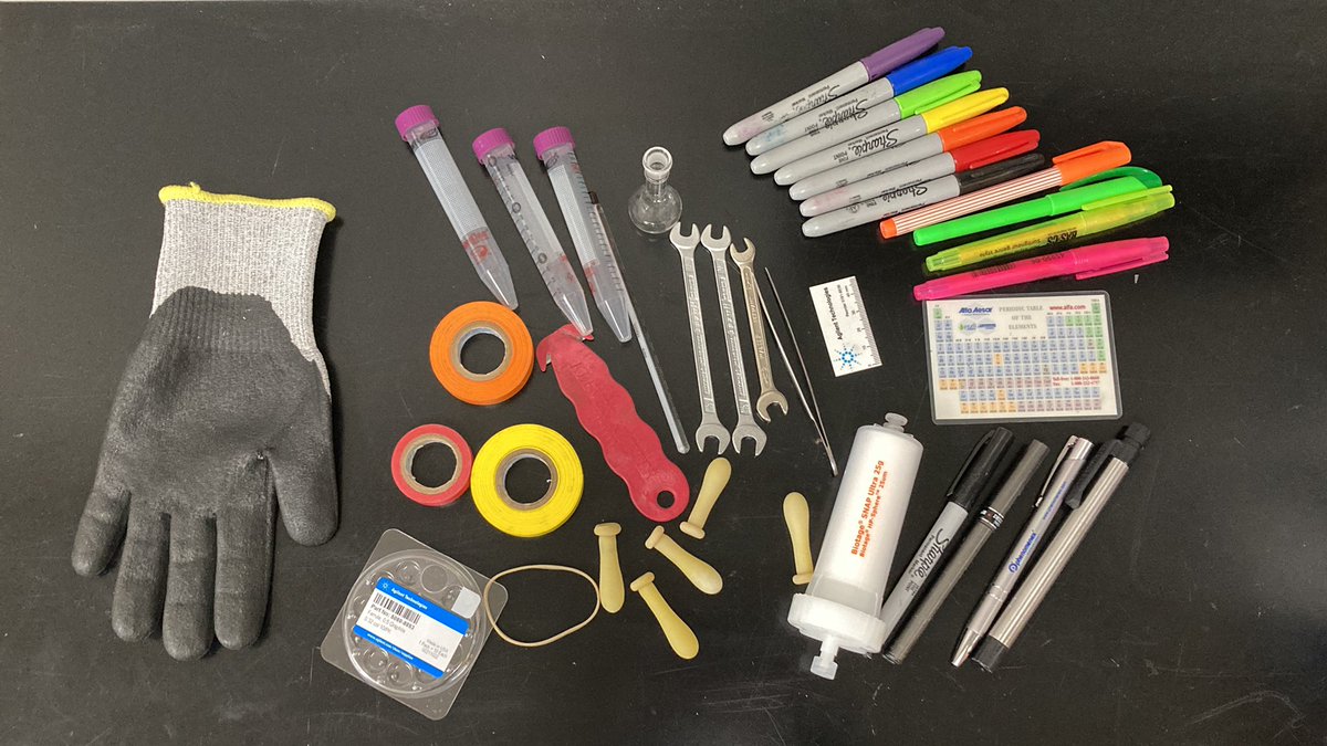 lab coat pockets checklist ✅

1 cutproof glove
1 pack gc ferrules
3 rolls tape
3 15 mL tubes
rubber band
box opener
thermometer
3 wrenches
forceps
5 pipette bulbs
ten mL flask
biotage cartridge 
gc column cutter
periodic table
flashlight
14 pens

🤣