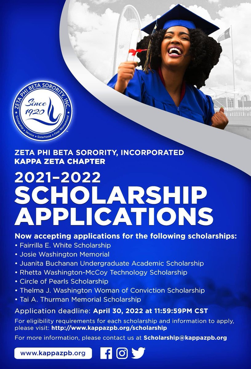 The deadline for submission is April 30, 2022, at 11:59:59 pm. For eligibility criteria and submission details, please visit kappazpb.org/scholarship.
#ZPhiB #GreaterDallasZetas #DallasScholarships @bhsstem @BHSRams2College @BHSCounselors00 @RISDCCR