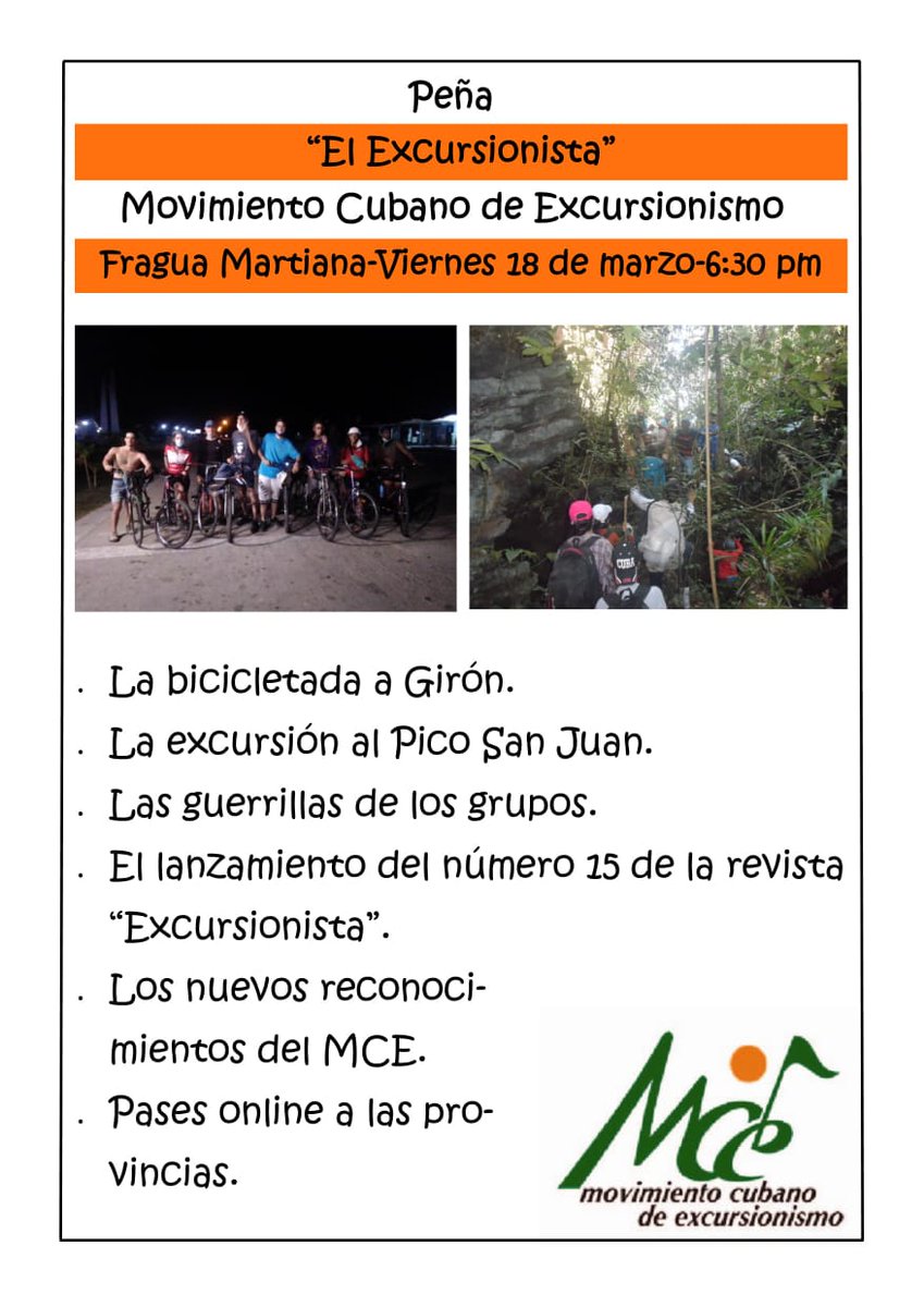 Estamos de vuelta, y es a lo grande. Mañana no debes perderte la #PeñaMCE que será en la Fragua Martiana a partir de las 6:30 pm.

Bicicletada a Girón y excursión al Pico San Juan serán el plato fuerte.

Te esperamos 🤗

🚂☀️🌦️🌊🏖️🏕️🔥🏜️🌄🌳♥️🇨🇺