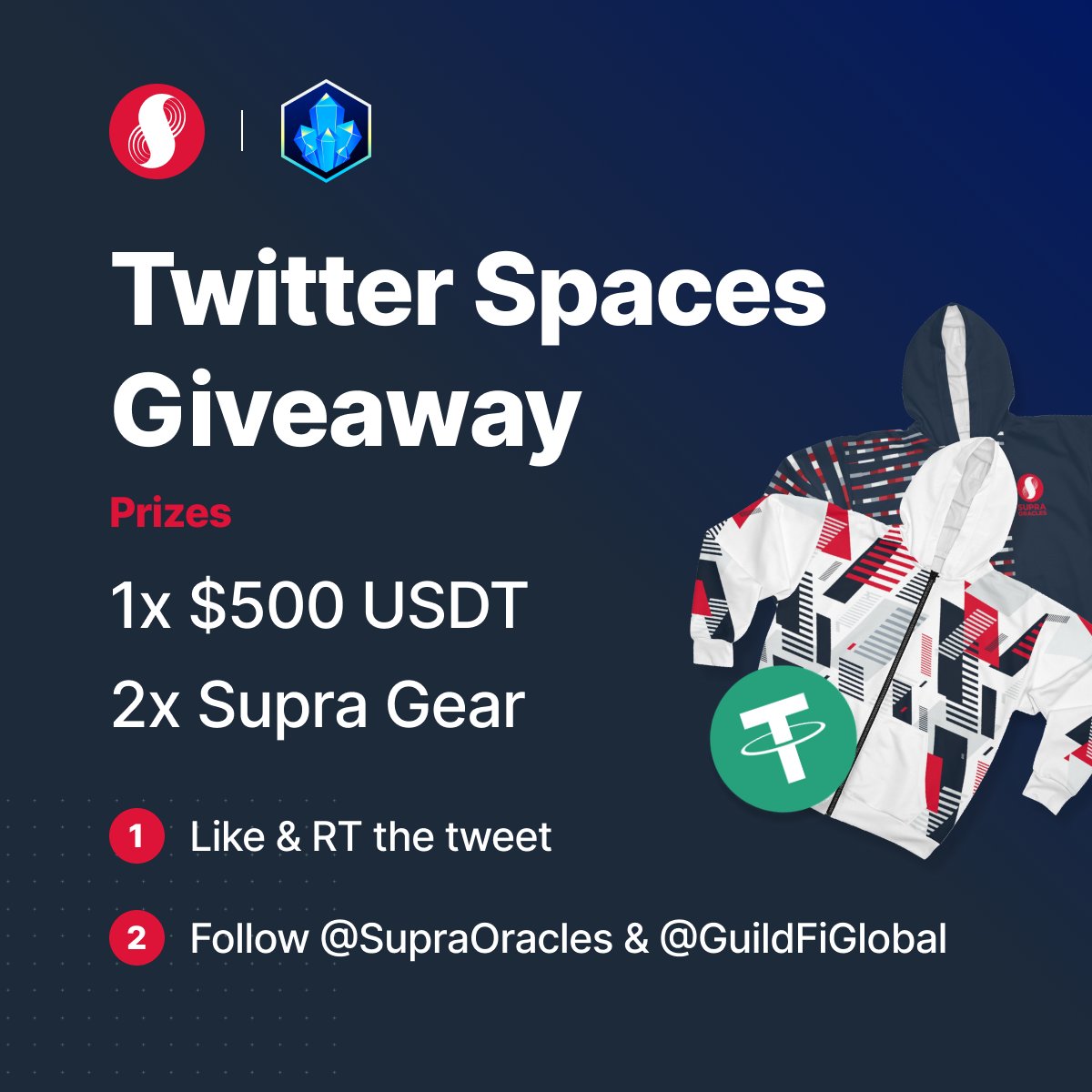 LIVE Twitter Spaces Giveaway with <a href="/GuildFiGlobal/">GuildFi</a>.

Win $500 USDT and Exclusive Supra Merch:
- Like &amp; RT the tweet.
- Follow @SupraOracles &amp; <a href="/GuildFiGlobal/">GuildFi</a>

🎉Winners will be announced LIVE in the Spaces. 

Join now:
x.com/i/spaces/1ypJd…