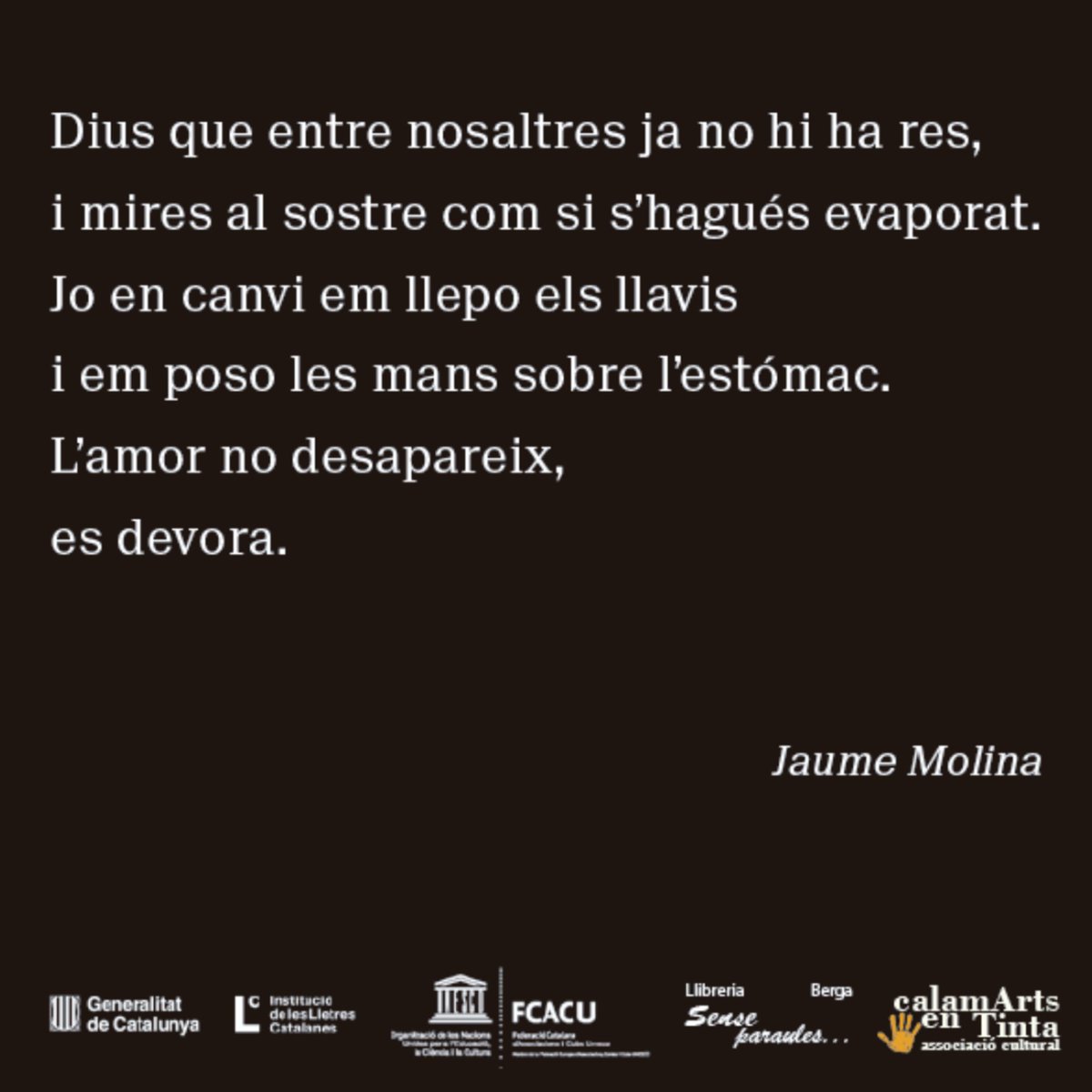 Llepeu-vos els llavis mentre escolteu a Jaume Molina pel dia Mundial de la Poesia a la Llibreria <a href="/lasenseparaules/">Sense Paraules</a> el dia 20 de març a les 12 del migdia. Acte organitzat conjuntament amb l'Associació Cultural CalamArts en Tinta i ILC @lletrescatalanes
#poesia #diamundialdelapoesia