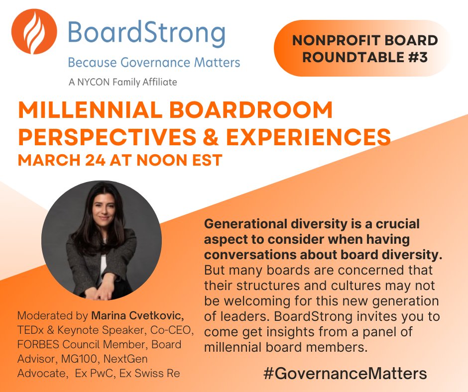 In one week we'll be hosting our third board member roundtable featuring #millennial perspectives! Sign up for the free lunchtime event here: https://t.co/2uM8GpCK2J #governancematters https://t.co/Gwsa7WTTae