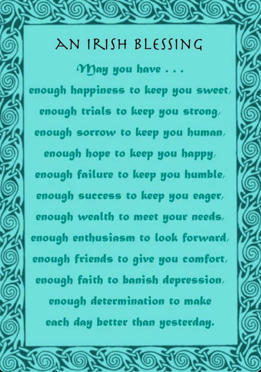 Good morning friends and Happy St. Patrick’s Day! 🍀  Wishing for you…a sunbeam to warm you, a moonbeam you charm you, and a sheltering angel so nothing can harm you~ Irish Blessing 💚

#StPatricksDay #ThursdayThoughts #ThursdayVibe #IrishBlessing