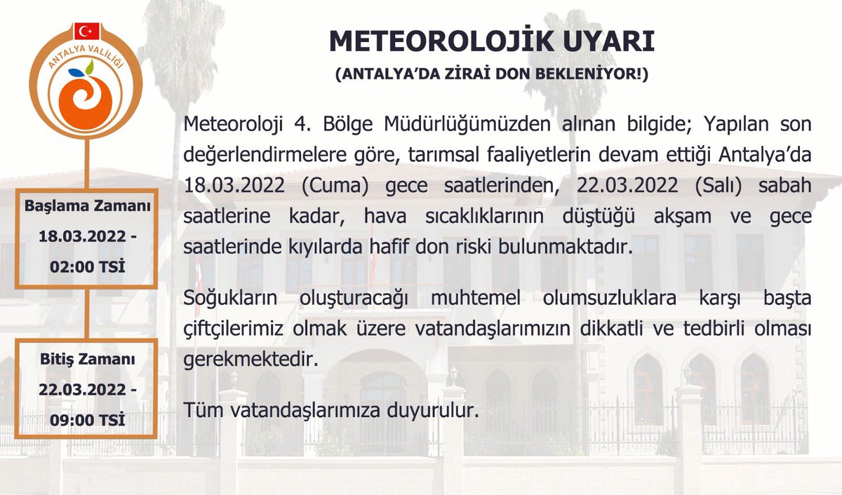 ⚠️Meteorolojik Uyarı⚠️

🌧️ ☔️ 🌪️ 🌩️ 

Zirai Don Uyarısı ❄️❄️