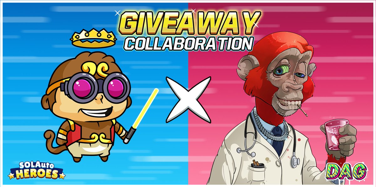 Hello Heroes!
Another amazing collaboration for the day with the Drunk Ape Gang! @DAG_Bartender

We are both giving away WHITELISTS! 
Check out our Discords now:

SOLAutoHeroes: 
discord.gg/5STVYMwub9
Drunk Ape Gang:
discord.gg/ADu8ZfDYQf

#Solana #SolanaNFTs #Whitelist #NFT