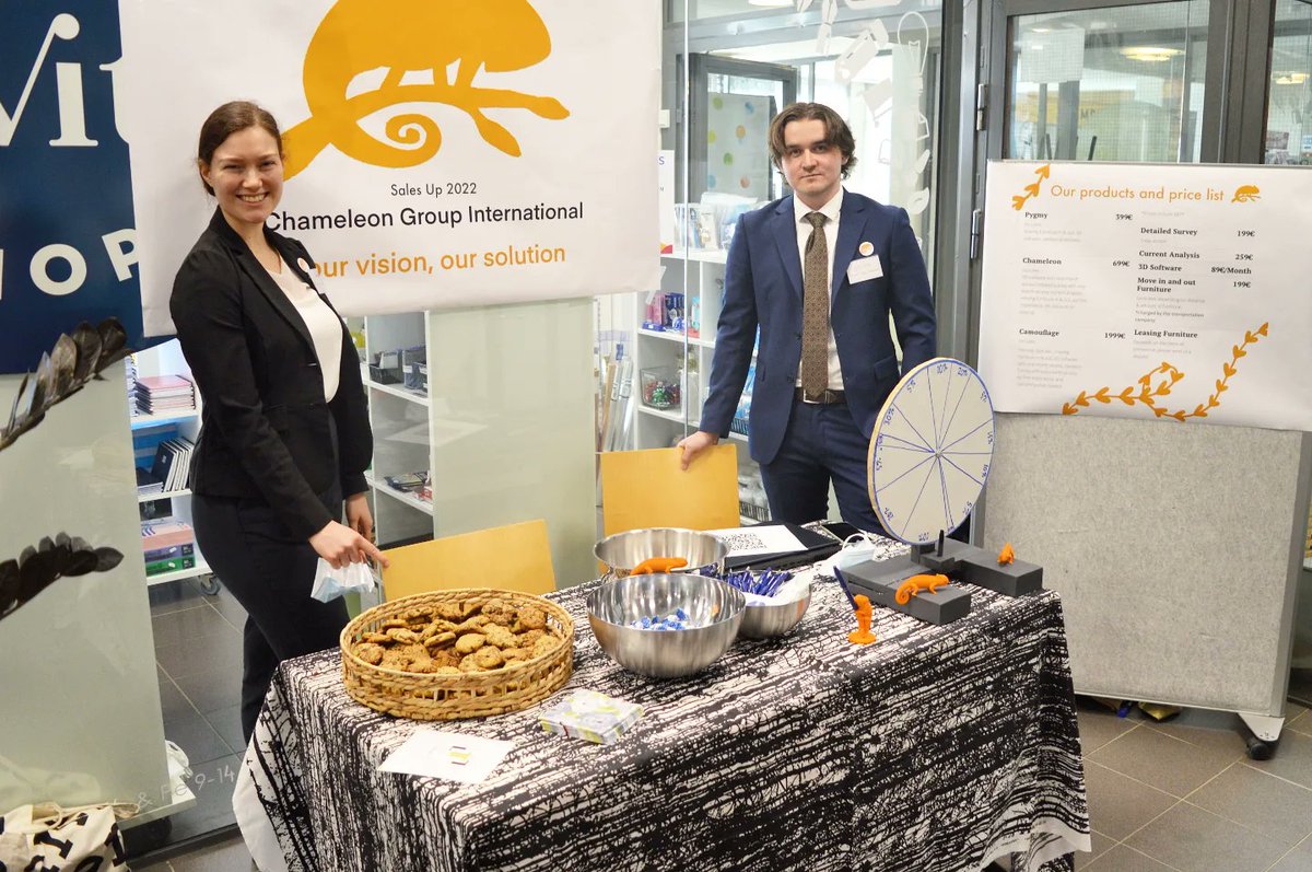 MmtTamk's tweet photo. The annual SalesUp fair event for business students was held today. The event was finally again on TAMK's campus. First-year students set up an educational company in an industry valued by them and run it for the first year, culminating in a SalesUp fair event. https://t.co/ifT8I0tpQF