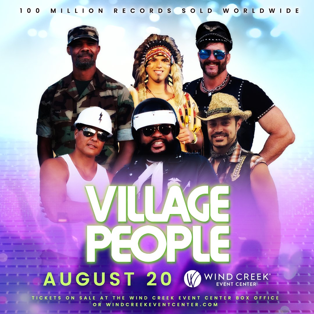 theWCEC's tweet photo. The pre-sale for the Village People on Saturday, August 20th is HAPPENING NOW! If you're a Music Insiders Club Member, check you  e-mail for the code. Click here to buy: https://t.co/l8MNPpShqJ

Ticket go on sale to the general public tomorrow at 10am! https://t.co/k3ek6DXDFj