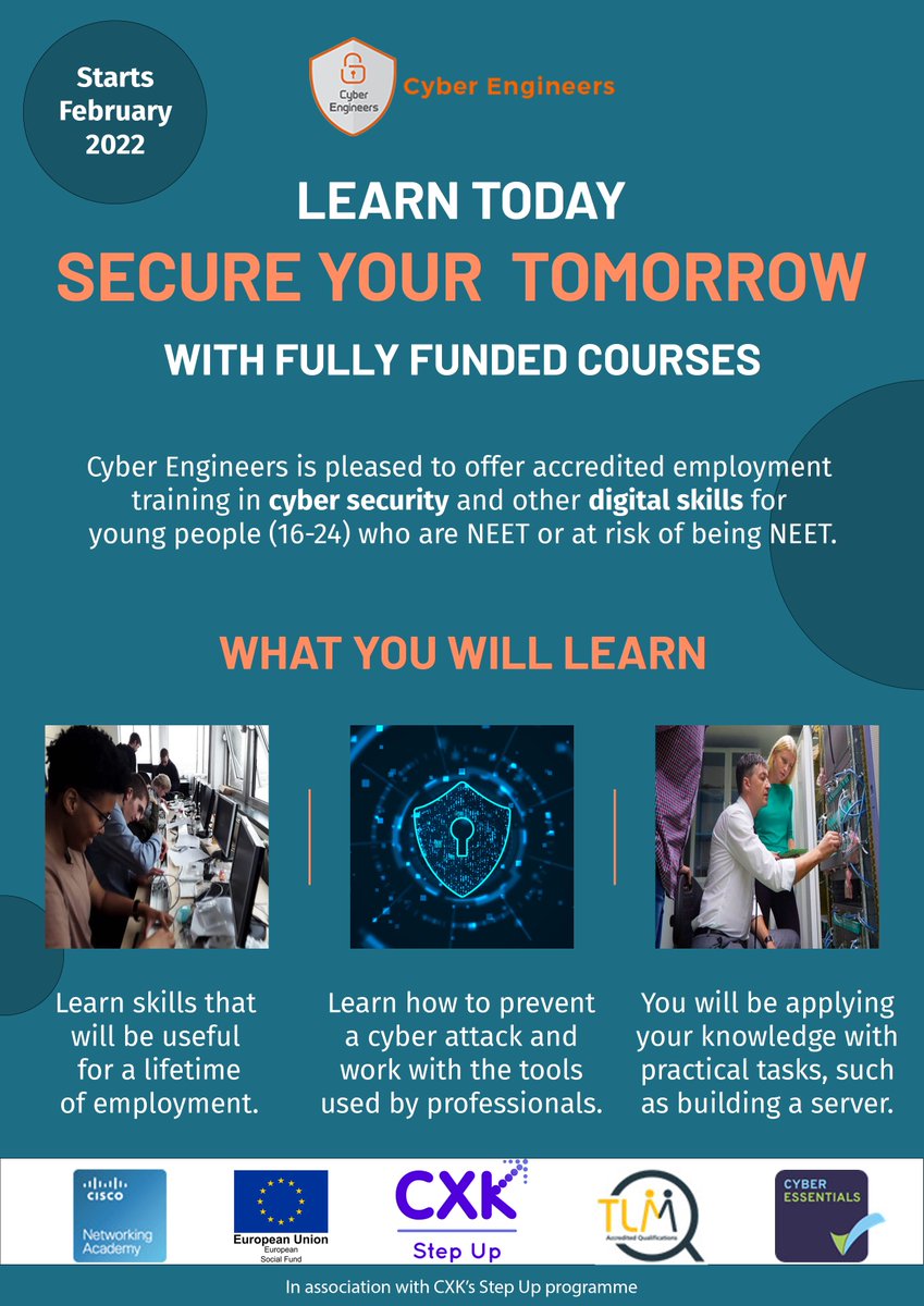 CyberEngineers's tweet photo. Do you want to get into the world of Cybersecurity but don’t have the skills to do so? We can help you!
If you are aged between 16-24 and not in education, employment or training we can help. Find out more today by calling 03335772443 #cybersecurity @CXKLtd @laurrlee @JCPinKent https://t.co/uLS9wV5H5a