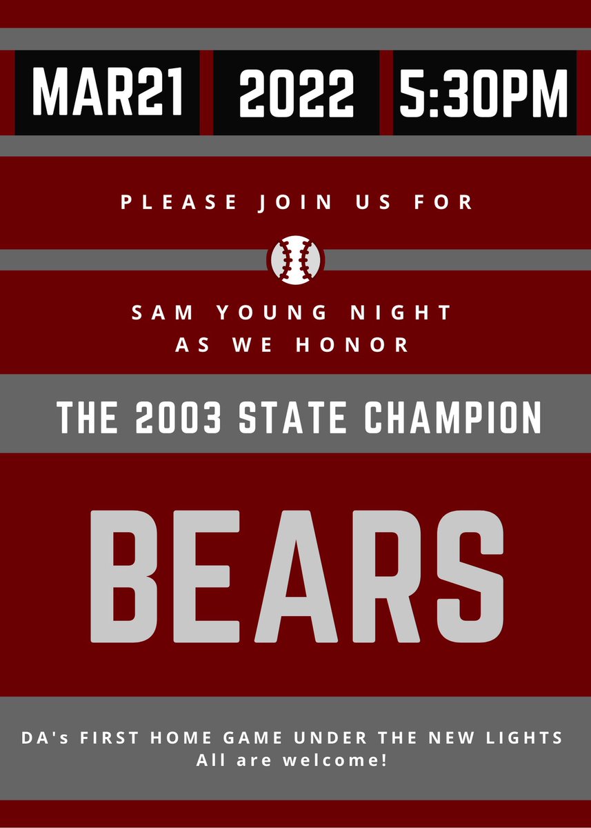 davidsonacademy's tweet photo. Be a part of DA history this upcoming Monday at 5:30. Join us for Sam Young Night as we honor the 2003 Baseball State Champions. It will be @DavidsonAcadBB 1st home game under the brand new lights! Tell a friend. Go Bears! @athletics_da #theDAway #DAbaseball #lettherebelights https://t.co/MRqlCqMlaD