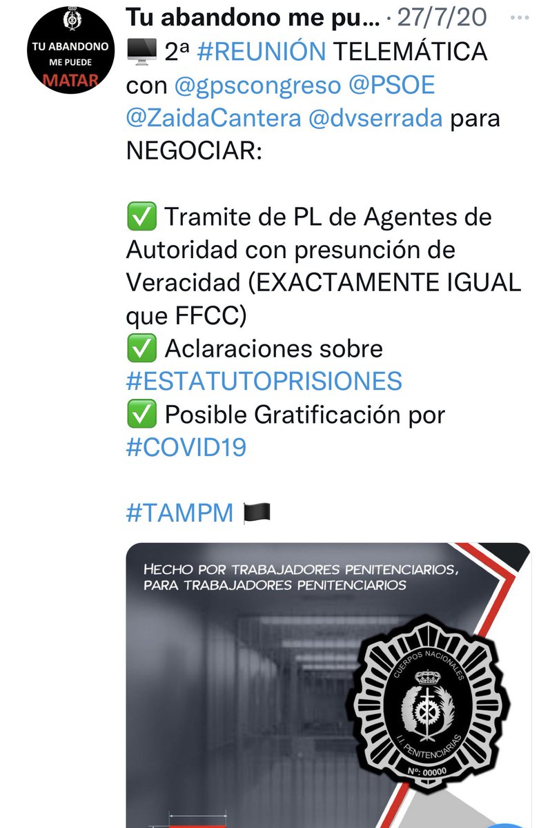 tu_abandono's tweet photo. 🏛 #ULTIMAHORA | Casi DOS AÑOS después de Reunión con @ZaidaCantera y @dvserrada de @PSOE para trámite de PL de AGENTES DE AUTORIDAD…

👉🏼 AL FIN se VOTARÁ el día 22/03 en @Congreso_Es‼️
TAMPM estará en TODO el Trámite parlamentario

👉🏼 Seguiremos LUCHANDO por MÁS MEJORAS

#TAMPM https://t.co/e19kAhfk9e