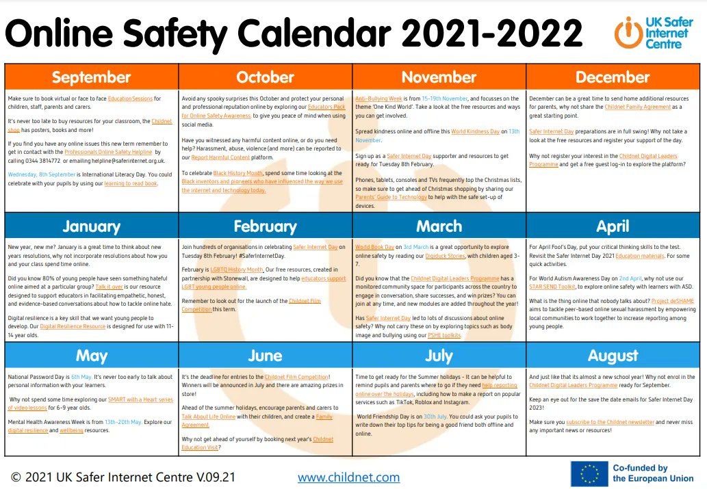 childnet's tweet photo. Have you looked at our annual "Online Safety Calendar" as a way of incorporating online safety advice into the curriculum?

https://t.co/SbMkjWHj3n https://t.co/UWUJFxFrok