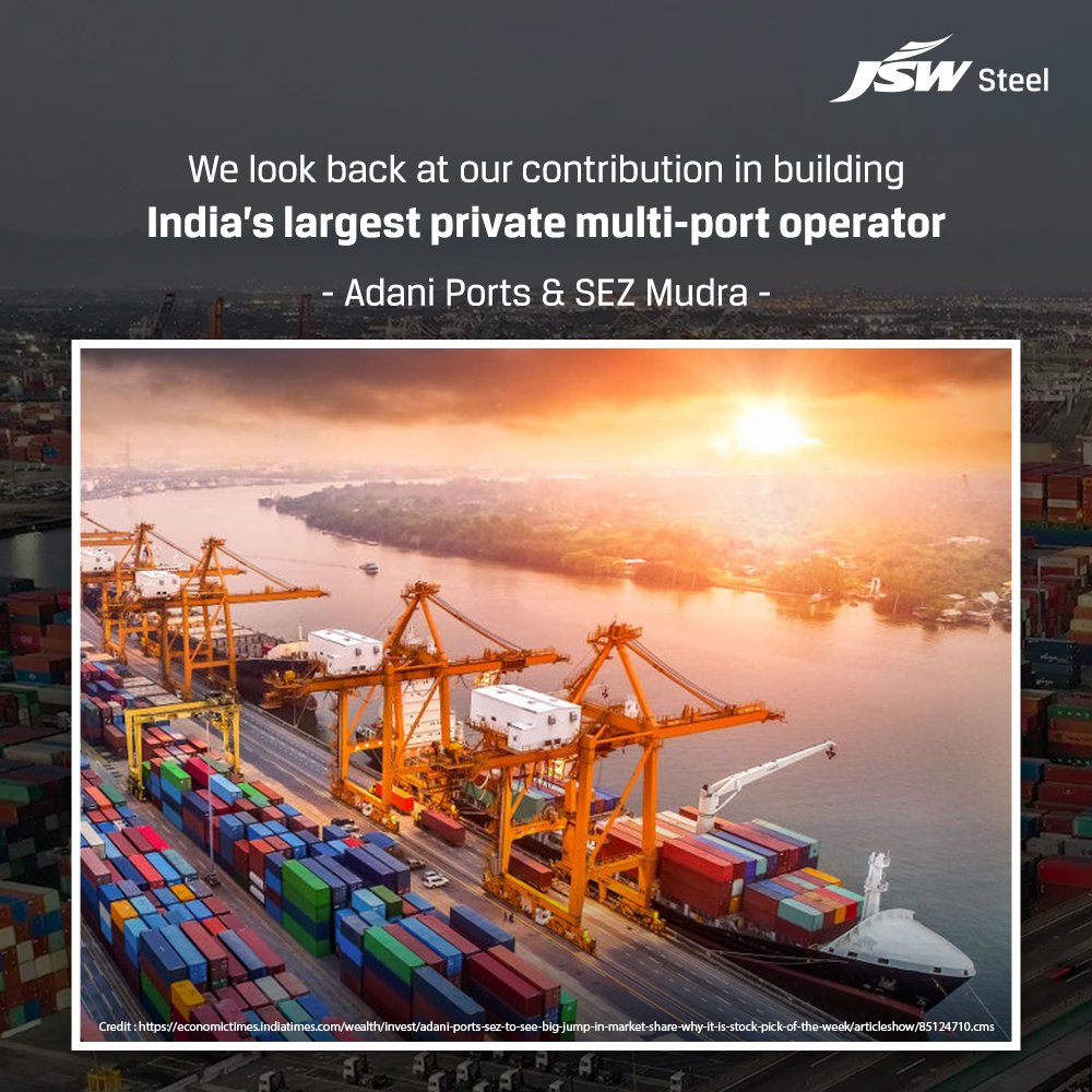 jswsteel's tweet photo. As a testimony of our legacy of constructing iconic landmarks, we provided 2000 MT of TMT bars in building Adani Ports and Special Economic Zone Limited. The port offers open storage for steel sheets, coils, plates, clinker, scrap, bentonite, coal, etc.
#MarvelsOfSteel #JSWSteel https://t.co/S4RXSeReQh