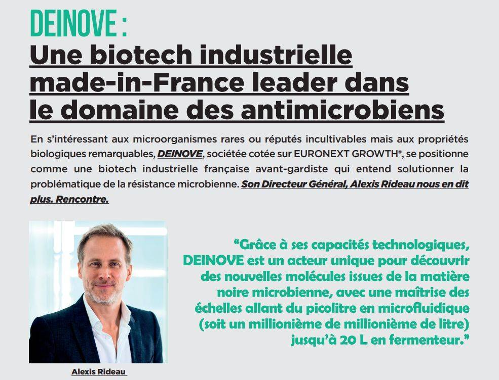 ATCGPartners's tweet photo. Grâce à ses capacités technologiques, DEINOVE est un acteur unique pour découvrir de nouveaux #antimicrobiens issus de la matière noire microbienne” #AlexisRideau présente DEINOVE dans La Jaune et la Rouge du mois de mars de l’école Polytechnique https://t.co/4ZQ2Pddk3r https://t.co/ZDRaG9g8Zc