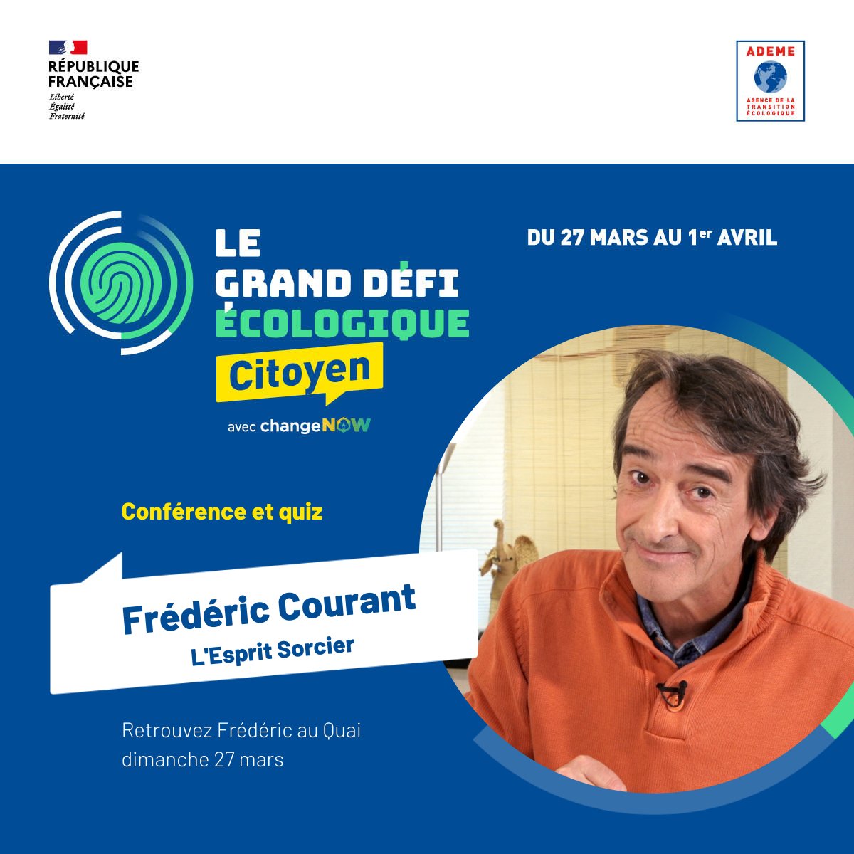 EspritSorcier's tweet image. Du 27 mars au 1er avril à Angers, on fête les 30 ans de l'@ademe avec le #GrandDéfiEcologique !

Conférences, ateliers, jeux... Et un grand quiz animé par Fred qui, en tant qu'Angevin amoureux de la nature, ne pouvait pas rater ça. Venez c'est gratuit !

&amp;gt; legranddefiecologique-citoyen.ademe.fr