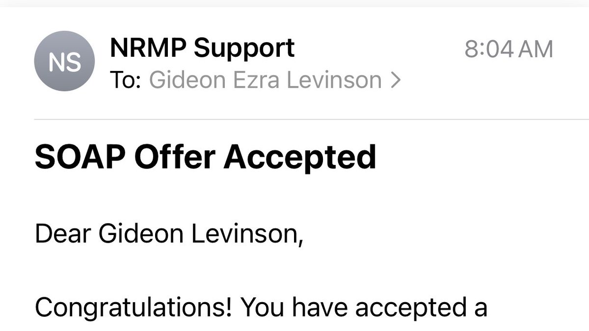 gideon_levinson's tweet image. Relieved is an understatement. Going through #SOAP2022 to find an intern year was harrowing and eye opening. So many brilliant aspiring docs wont get this email today and it’s heartbreaking. The problem is not the applicants, it’s the system. We all deserve better #Match2022