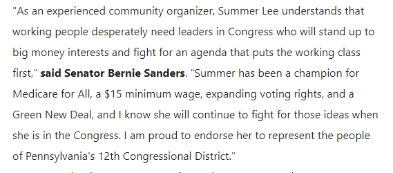 RyanDeto's tweet photo. INBOX: Sen. Bernie Sanders has endorsed Summer Lee for her race in PA-12, the Pittsburgh centered House district. Lee has attracted several progressive endorsements, including nods from the Working Families Party and Democracy For America. https://t.co/UZofelMEeG