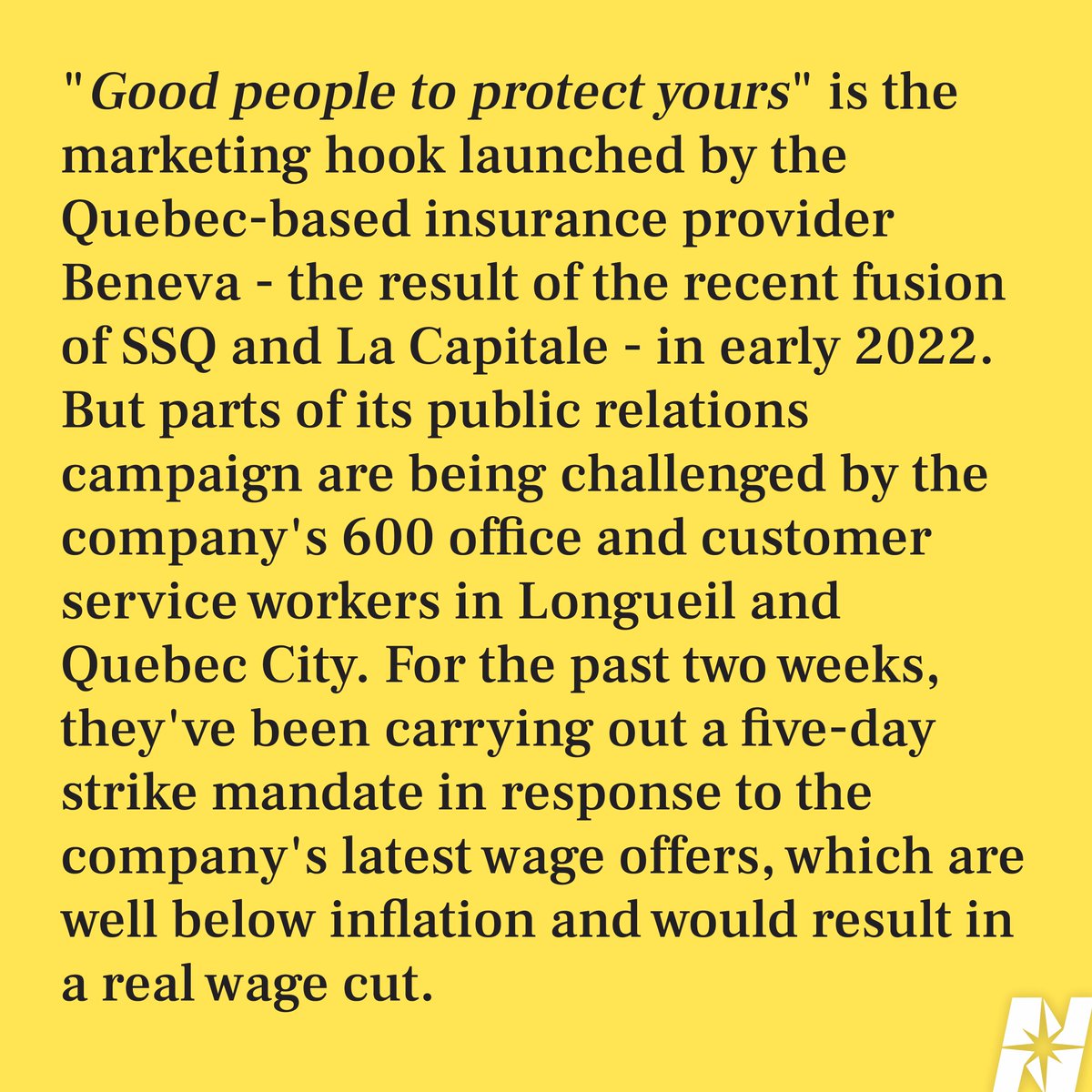 NewsNorthStar's tweet photo. (1/2)
After making a name for itself by putting its #workers at the center of a massive #advertising campaign praising them, the #Beneva #insurance company is accused by its #employees of having a #cynical attitude. [...] https://t.co/VZlis4rhSW