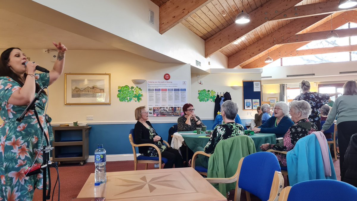 PhoenixCultural's tweet photo. A marvellous crowd donning green and enjoying some excellent entertainment from #juliakmusic and #jonjo this afternoon celebrating #stpatricksday at #thevynecommunitycentre #knaphill #Community #fierybird https://t.co/RtFtx43STg