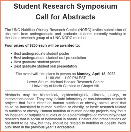 uncnorc's tweet photo. ABSTRACTS DUE 03/28 for the Student Research Symposium for students working in #nutrition and #obesity research, to be held in person on Monday, April 18, 11:00 AM – 1:00 PM ET in the Lower Atrium, Michael Hooker Research Center. Learn more: https://t.co/uHCZt74mYw https://t.co/4e758Hg9tR