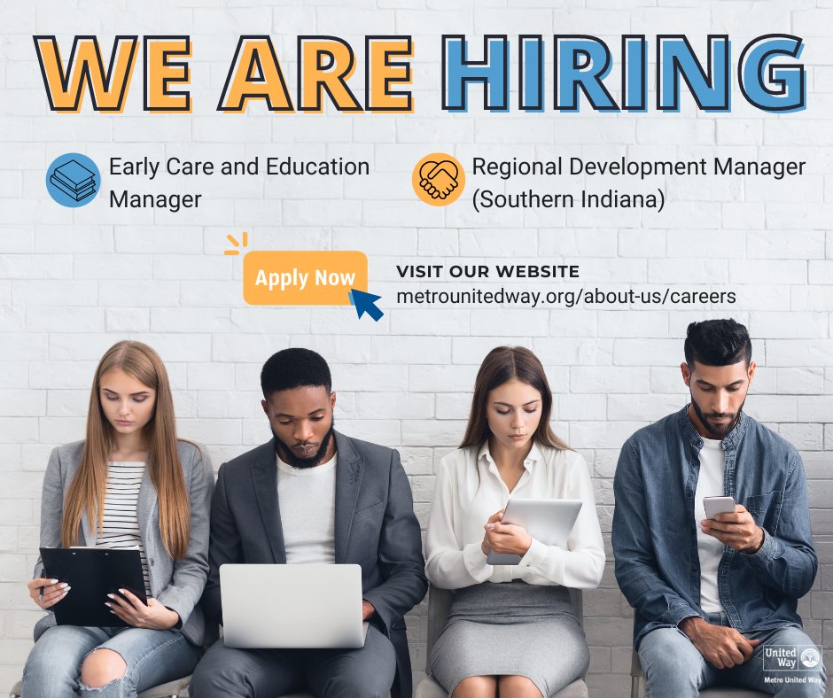 MetroUnitedWay's tweet photo. WE'RE HIRING! Looking for a few talented individuals to join our team ⬇️

📚Early Care and Education Manager
💡Regional Development Manager (Southern Indiana)

APPLY: https://t.co/EZ5m74Ghlt https://t.co/zroucaIHtn