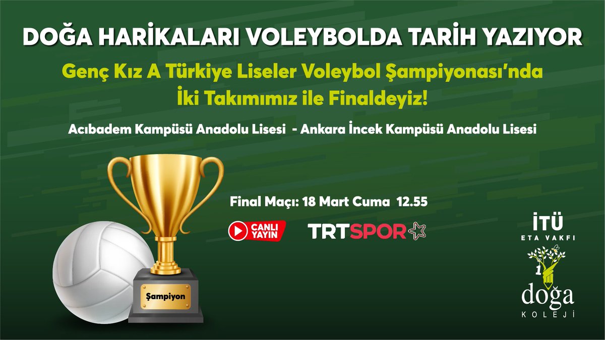 GURURLUYUZ🏆
“Türkiye Liseler Voleybol Şampiyonası Türkiye Finali”ndeyiz.
Müsabakada karşı karşıya gelecek Acıbadem Kampüsü ve Ankara İncek Kampüsü Anadolu Lisesi Genç Kız A Voleybol Takımlarımızı tebrik eder, başarılarının devamını dileriz.