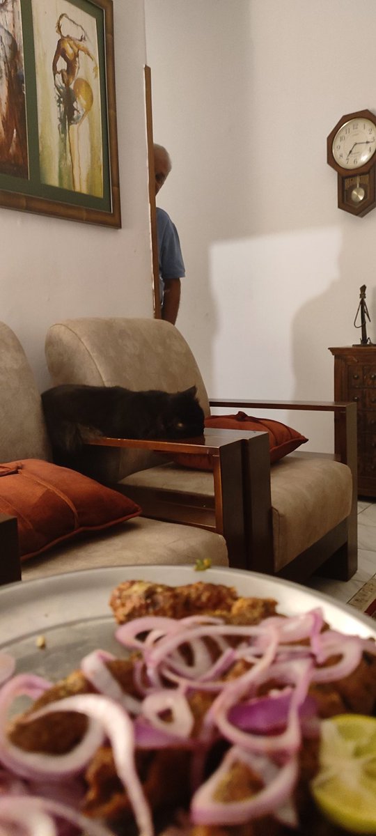 dishapaintment's tweet photo. My dad is so fucking precious, mans made me some kababs, gave me plate and left (or so I thought) 
I mindlessly ate them for like two minutes looked up and he was just standing there like this ???? 😭😭😭😭🥺🥺🥺😭😭😭 to watch my reaction. 

God bless the fam tbh https://t.co/U9VLQjXvoK